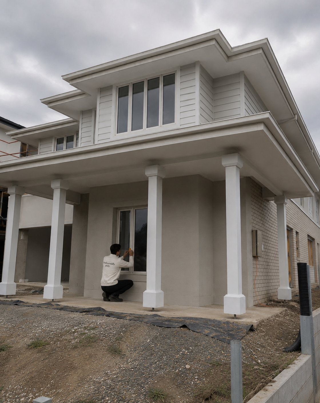 Nitpik inspector marking defects on the exterior window of a new double-storey home