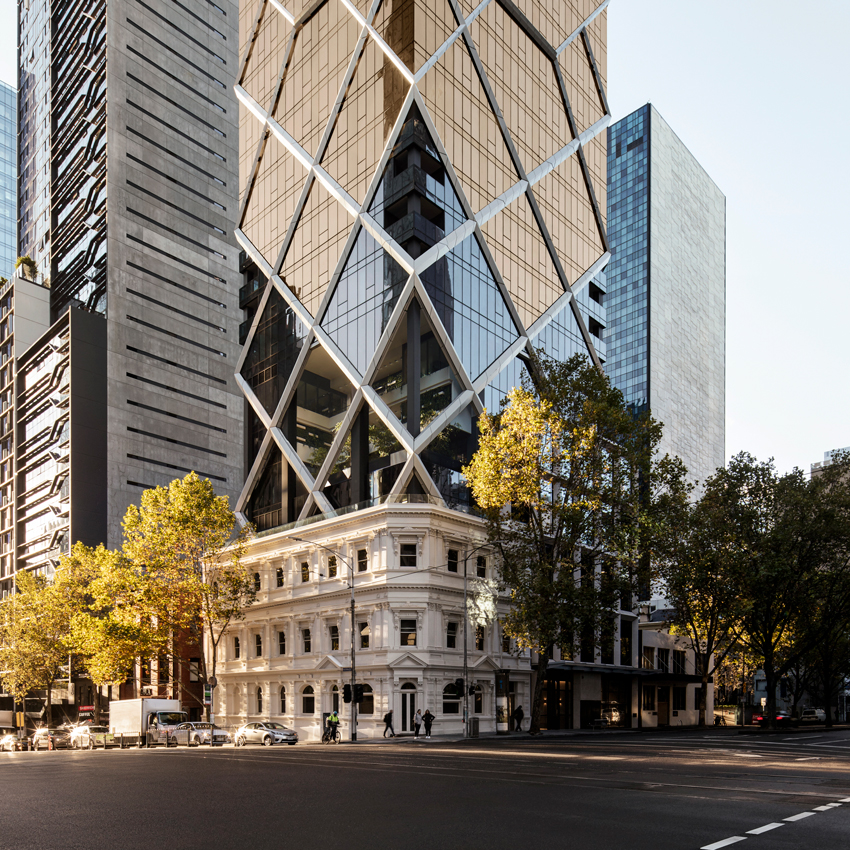 Paragon tower exterior with golden-glass diagrid facade