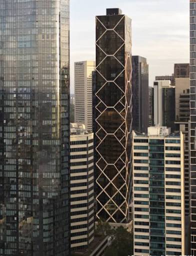 Paragon tower with white diagonal lattice facade