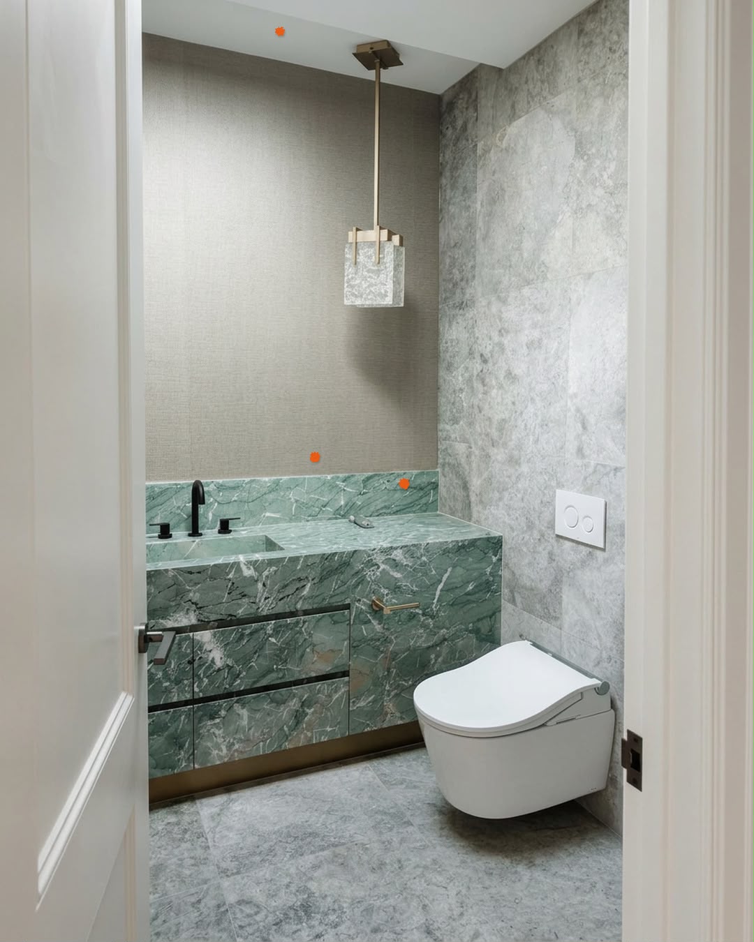 Green marble vanity and wall-faced toilet with defect markers, Canterbury