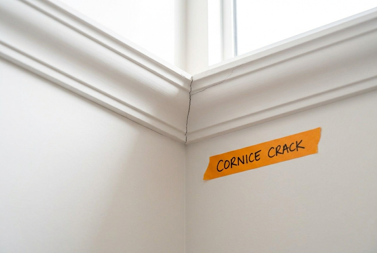 Raking light across a painted wall and skirting, revealing subtle surface detail