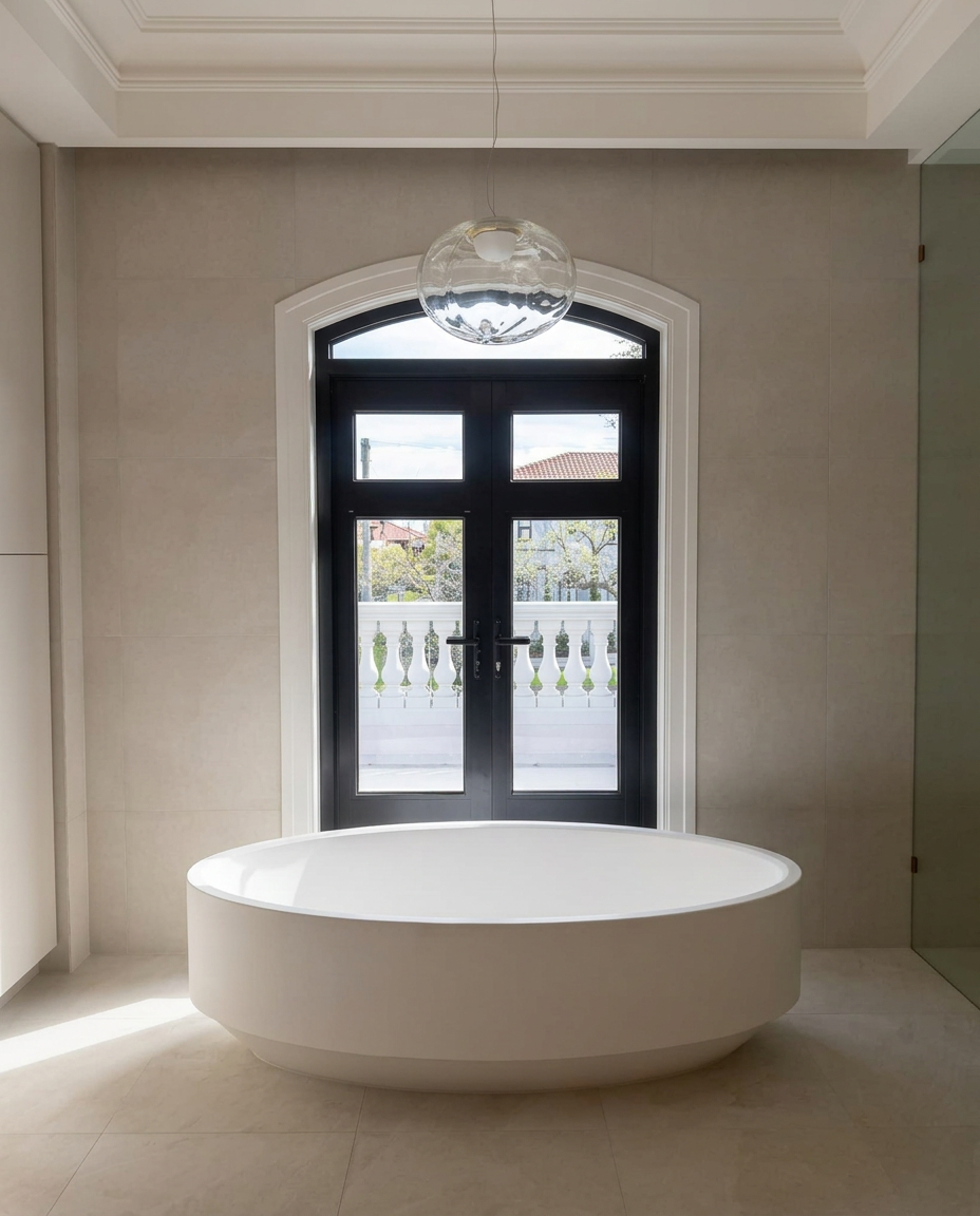 Freestanding bath beneath a glass pendant in a recently inspected designer home