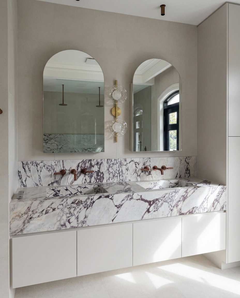 Bookmatched marble double vanity with arched mirrors in a recently inspected home