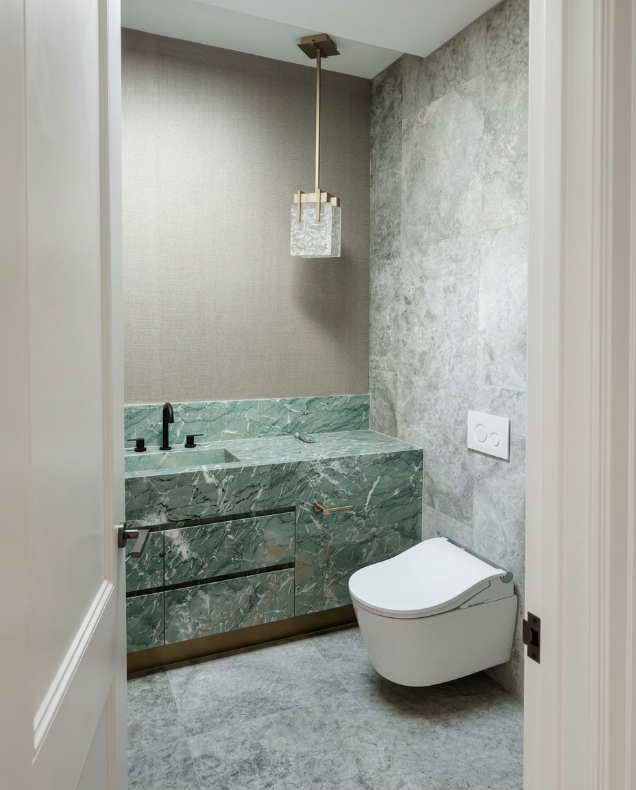 Green marble powder room in a recently inspected designer home