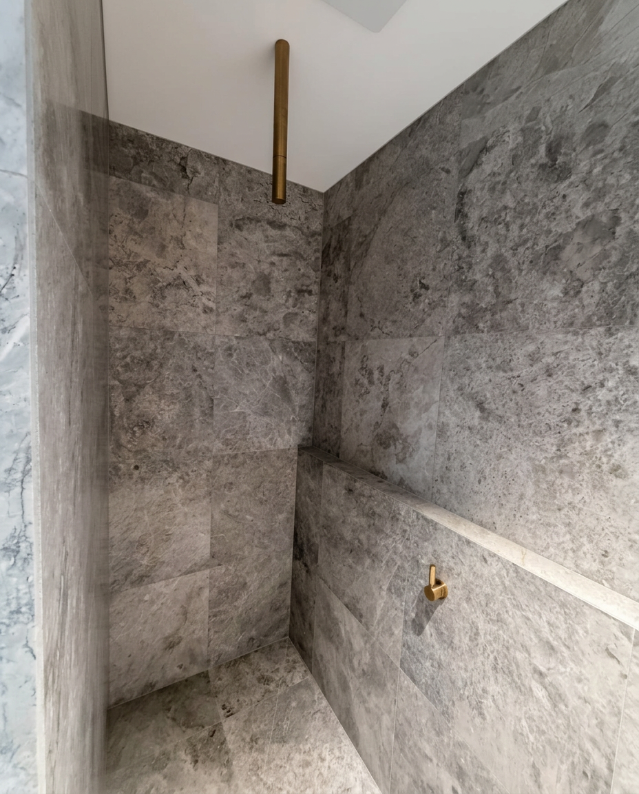Stone-lined shower with brass fittings in a recently inspected designer home