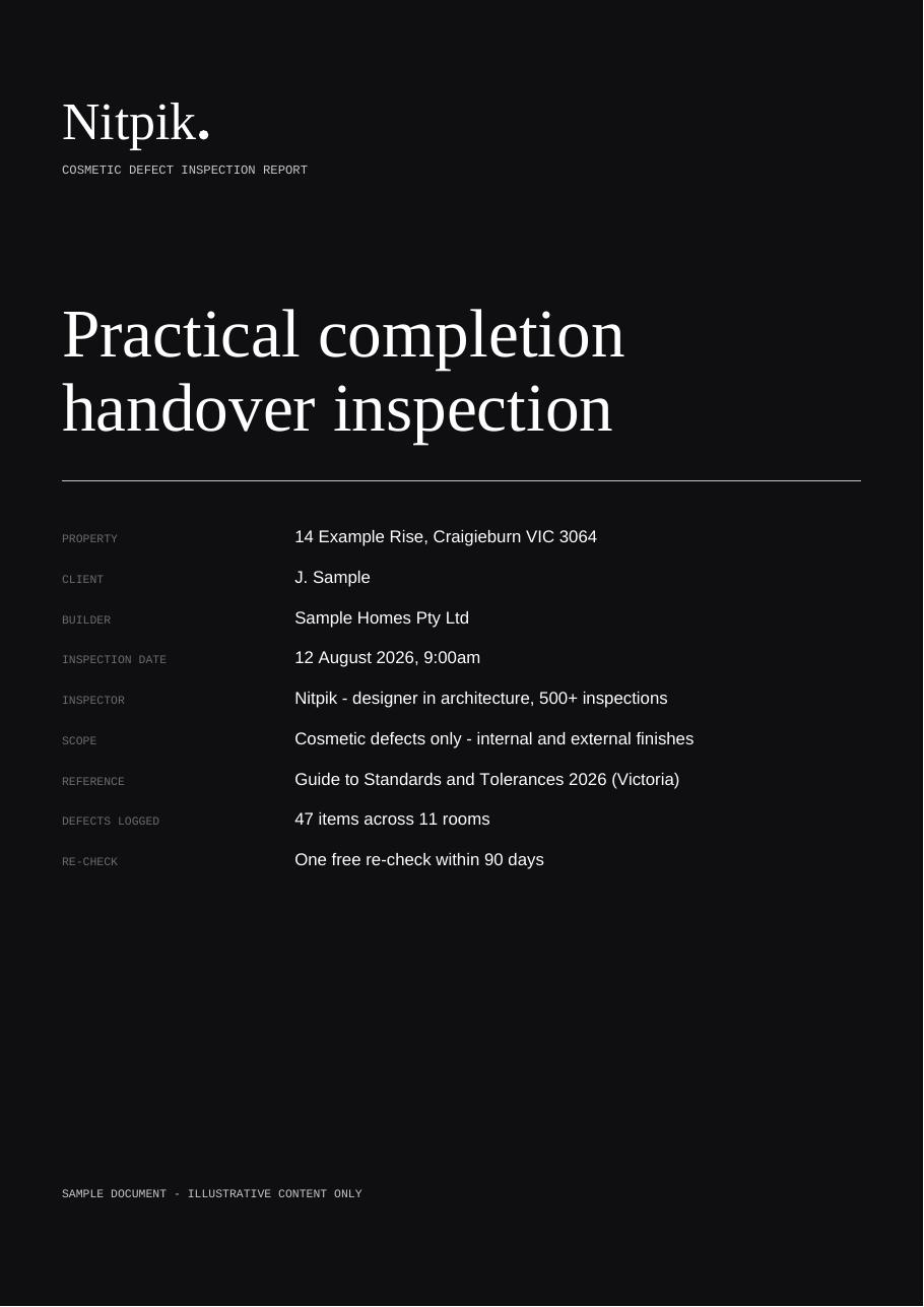 Nitpik sample report cover sheet showing property, inspection date and summary