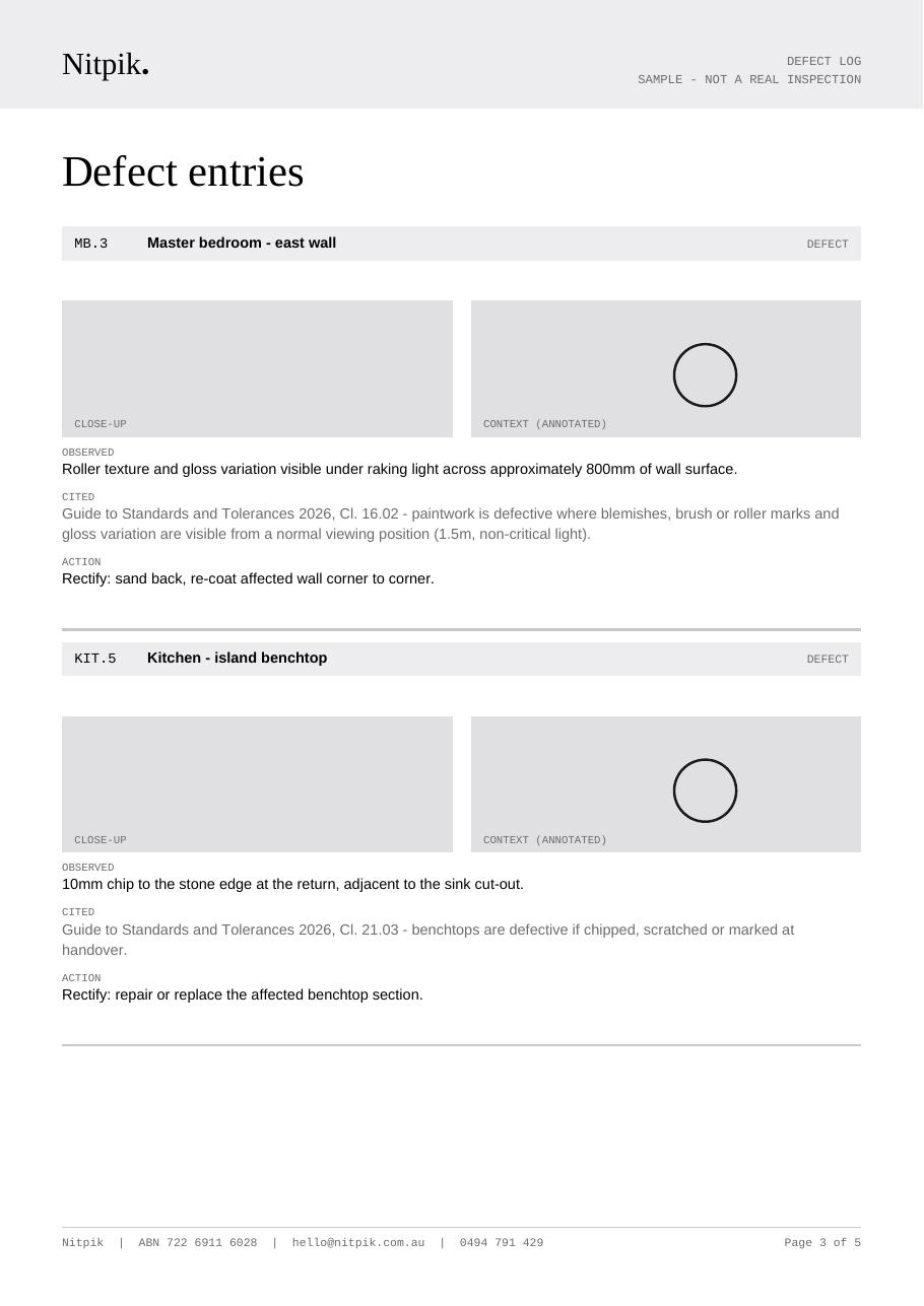 Room-by-room summary page from the Nitpik sample report