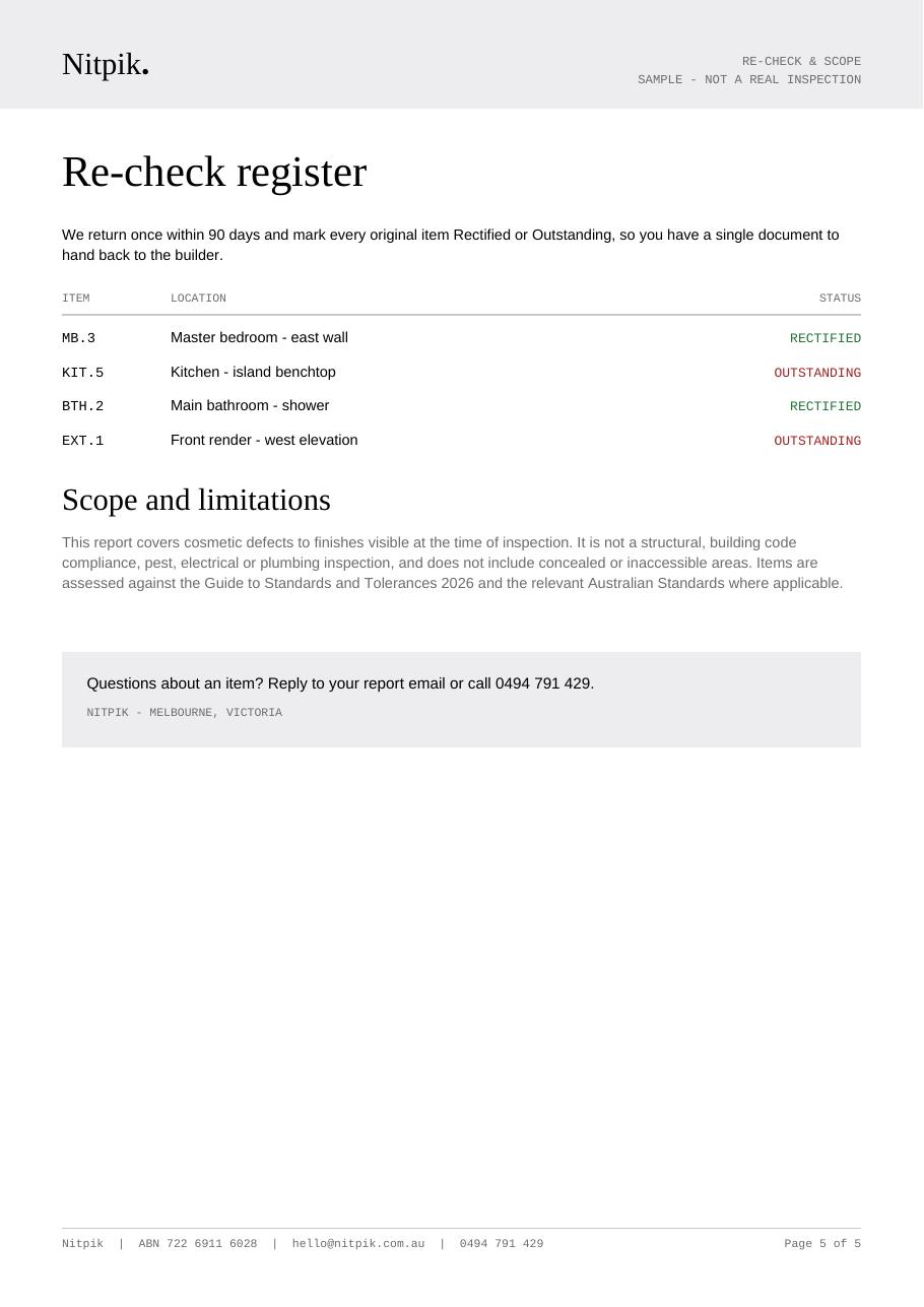 Photographed defect entry from the Nitpik sample report with clause citation